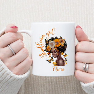 African American Sunflower girl Personalized Two-Tone Coffee Mug