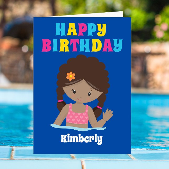 African American Swim Girl Custom Happy Birthday Card (Creator Uploaded)