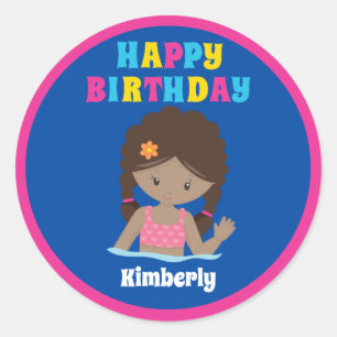 African American Swimming Girl Pool Party Birthday Classic Round Sticker