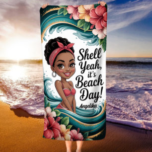 African American Tropical Ocean Vibes Shell Yeah  Beach Towel