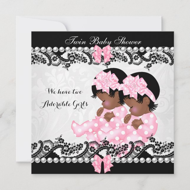 African American Twin Baby Shower Cute Girls Pink Invitation (Front)
