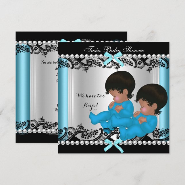 African American Twin Boys Baby Shower Blue 3 Invitation (Front/Back)