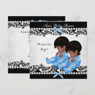 African American Twin Boys Baby Shower Blue Invitation