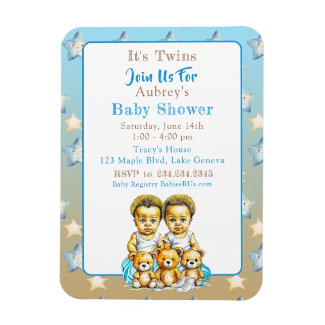 African-American Twin Boy's Blue Baby Shower Magnet (Vertical)
