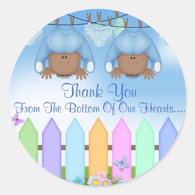 AFRICAN AMERICAN Twin Boys THANK YOU FAVORS Classic Round Sticker (Front)