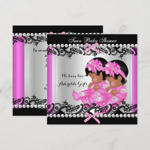 African American Twin Girls Baby Shower Hot Pink 2 Invitation