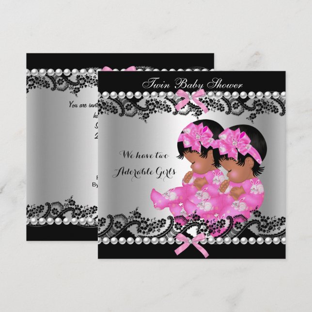 African American Twin Girls Baby Shower Hot Pink Invitation (Front/Back)
