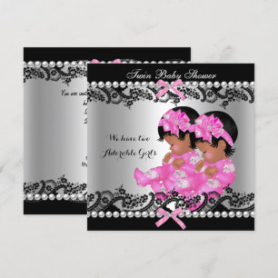 African American Twin Girls Baby Shower Hot Pink Invitation