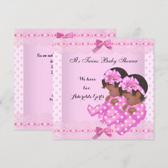 African American Twin Girls Baby Shower Pink Invitation (Front/Back)
