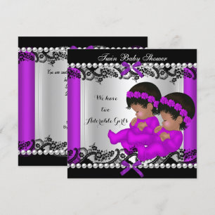 African American Twin Girls Baby Shower Purple Invitation