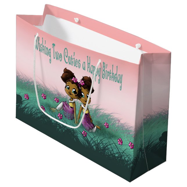 African American Twin Girls Birthday Large Gift Bag (Front Angled)