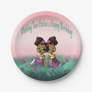 African American Twin Girls Birthday Paper Plate