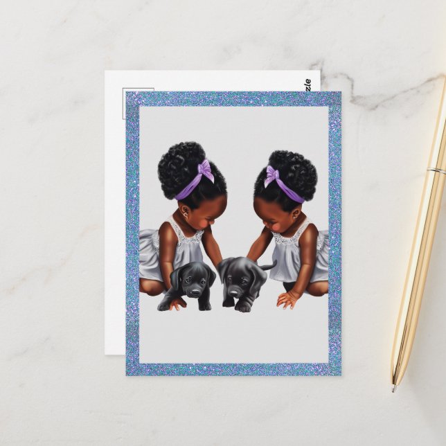 African American twin girls with puppies Postcard (Front/Back In Situ)
