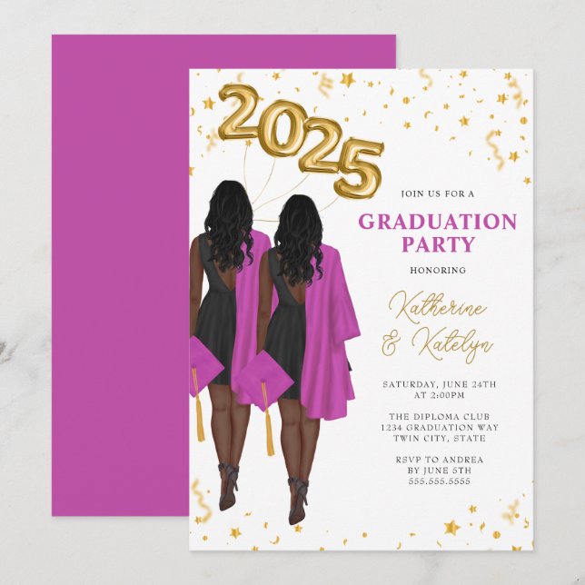 African American Twin Sisters Graduation Party Invitation (Front/Back)