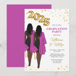 African American Twin Sisters Graduation Party Invitation