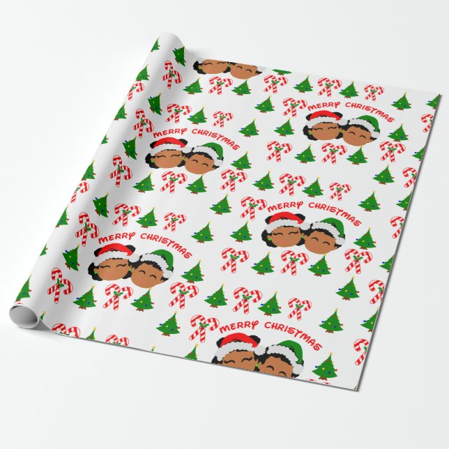 African American Twins Holiday Christmas Gift Wrapping Paper (Unrolled)
