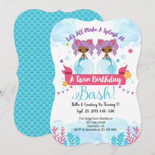 African American Twins Mermaid Birthday Invitation