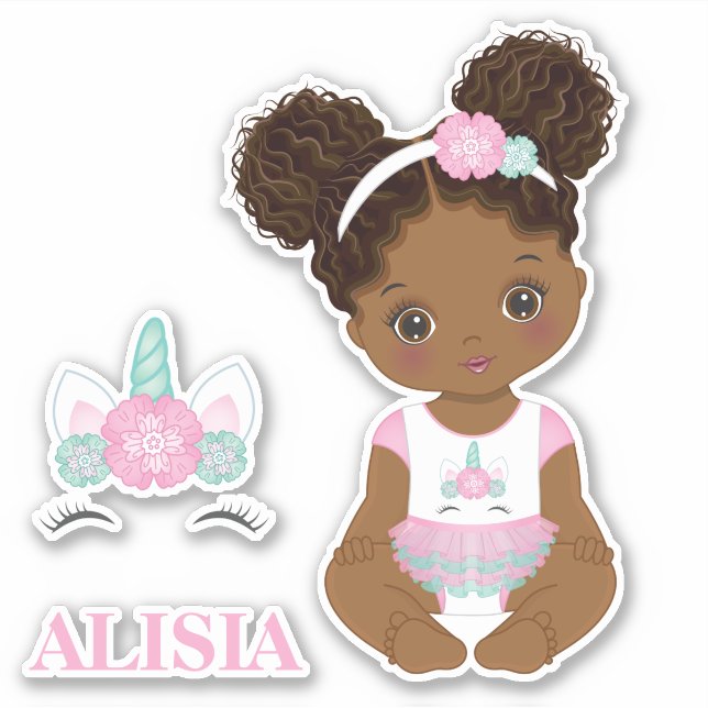 African American Unicorn Baby Girl Vinyl  Sticker (Front)