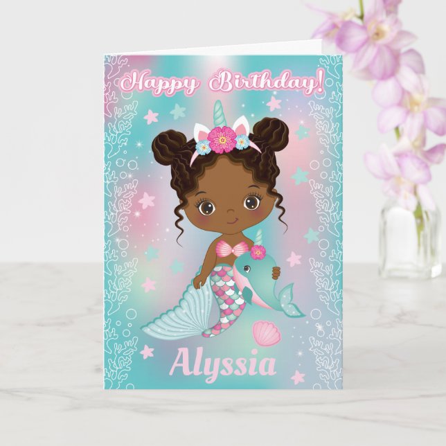 African American Unicorn Mermaid Birthday Card (Orchid)