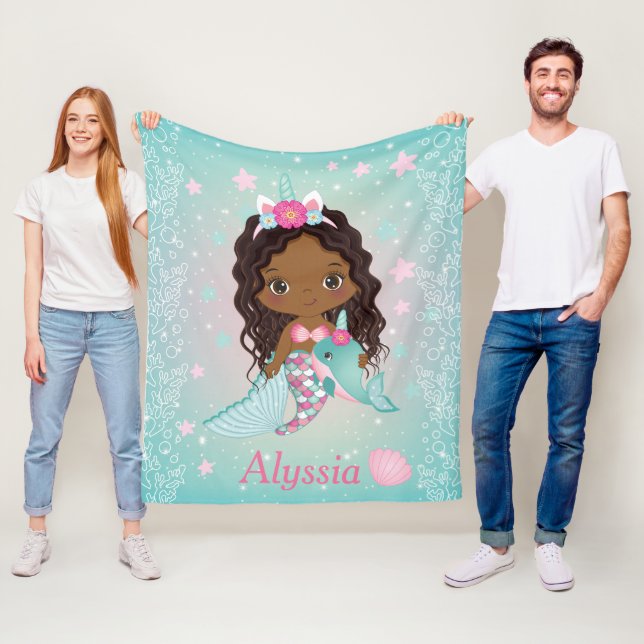 African American Unicorn Mermaid Fleece Blanket (In Situ)