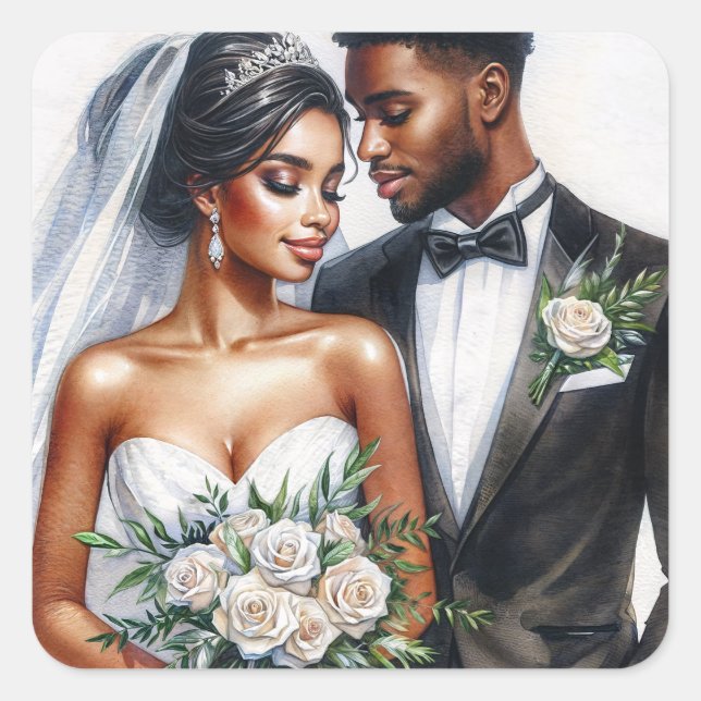 African American Wedding Bride and Groom Square Sticker (Front)