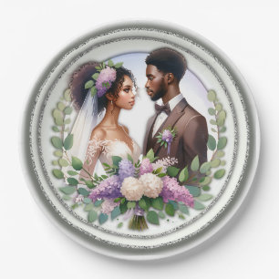 African-American Wedding Couple Floral Paper Plate