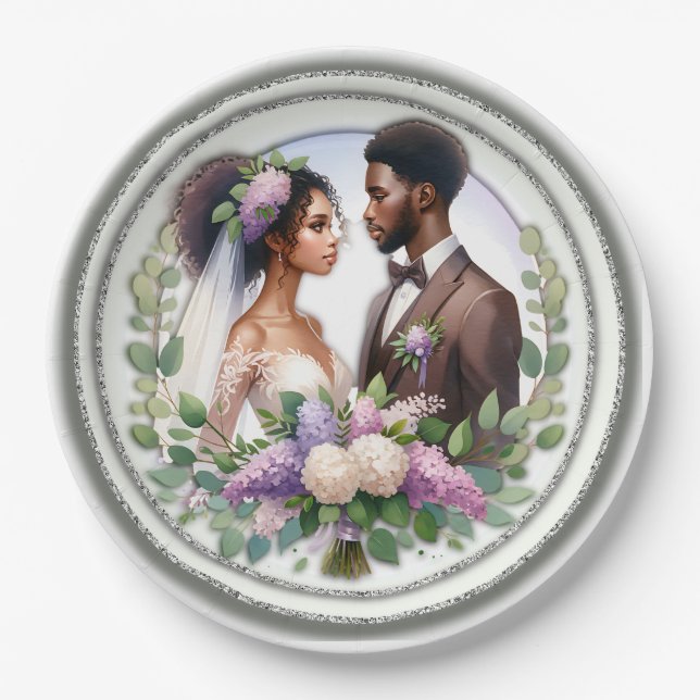African-American Wedding Couple Floral Paper Plate (Front)