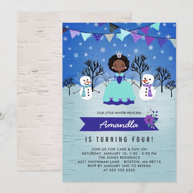African American Winter Princess Birthday Party Invitation (Front/Back)