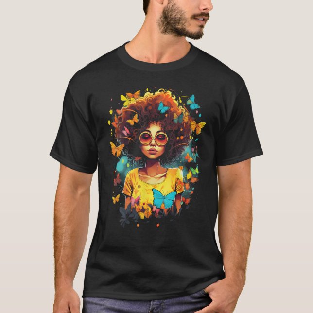 African American Woman Black Girl With Butterflies T-Shirt (Front)