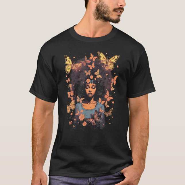 African American Woman Black Girl With Butterflies T-Shirt (Front)