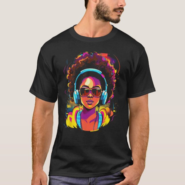 African American Woman Black Girl With Headphones  T-Shirt (Front)