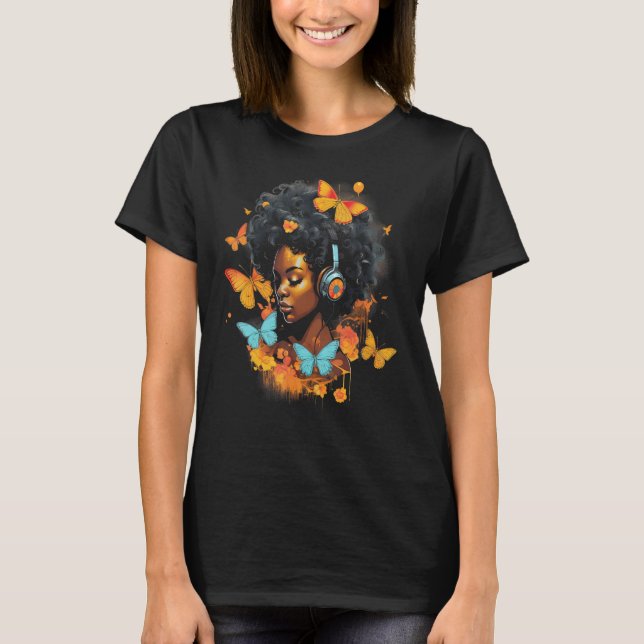 African American Woman Black Girl With Headphones  T-Shirt (Front)