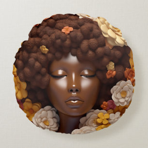 African American Woman Black Queen Melanin Poppin Round Cushion