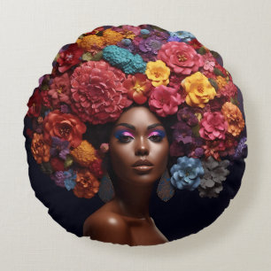 African American Woman Black Queen Melanin Poppin  Round Cushion