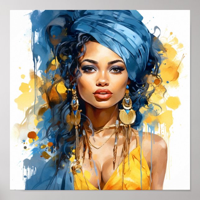 African American Woman Blue and Yellow Painting  Poster (Front)