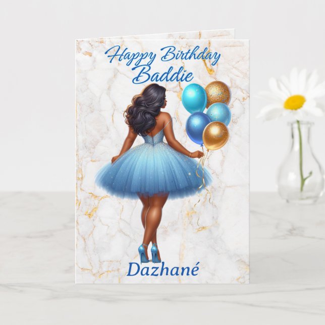 African American Woman Blue & Gold Birthday Card (Small Plant)