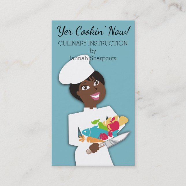 African American woman chef catering food knife Business Card (Front)