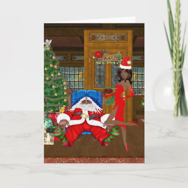 African American Woman Christmas Card with Santa (Front)