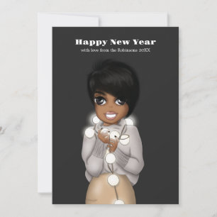 African American Woman Christmas Lights Greeting Holiday Card