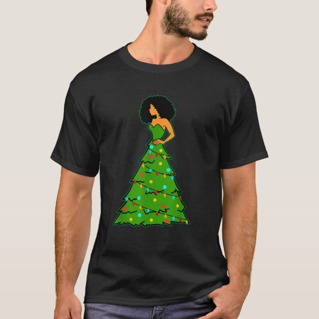 African American Woman Christmas Tree Xmas Decor  T-Shirt (Front)