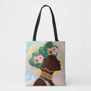 African American Woman Floral Crown Tote Bag