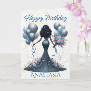 African American Woman Glamourous Blue Birthday Card