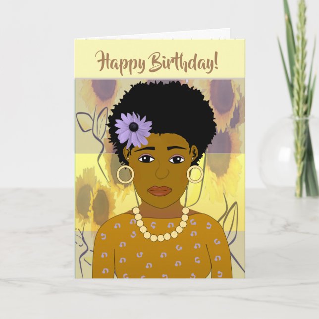 African American Woman Here's Sunflower Birthday  Thank You Card (Front)