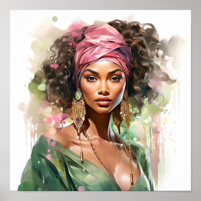 African American Woman Pink and Green Painting  Poster (Front)