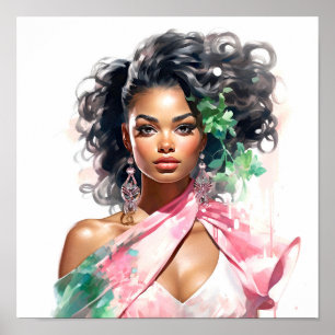 African American Woman Pink and Green Painting Poster