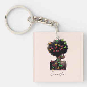 African American Woman with Butterfly-Filled Afro  Key Ring