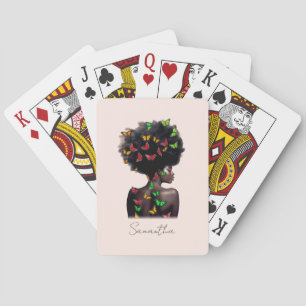African American Woman with Butterfly-Filled Afro  Playing Cards