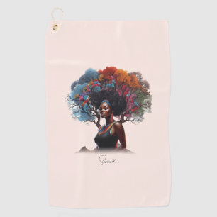 African-American Woman with Colourful Tree-Adorned Golf Towel