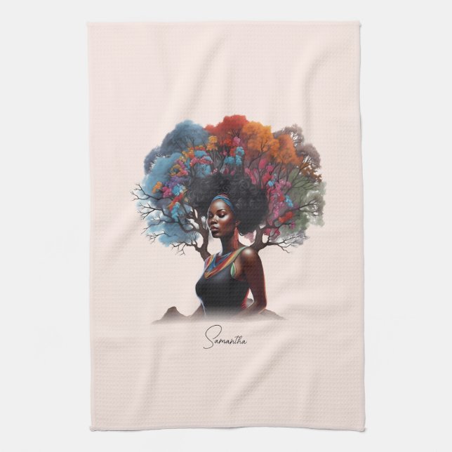 African-American Woman with Colourful Tree-Adorned Tea Towel (Vertical)