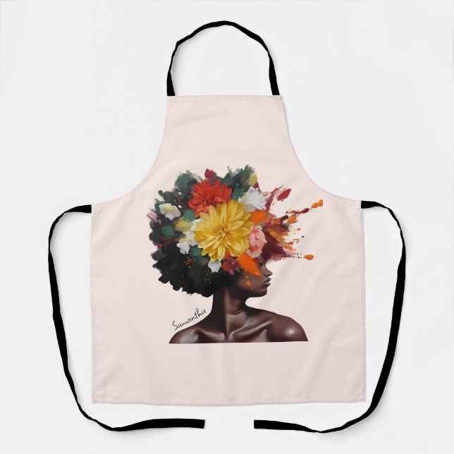 African-American Woman with Floral Afro Hair (2) Apron (Front)